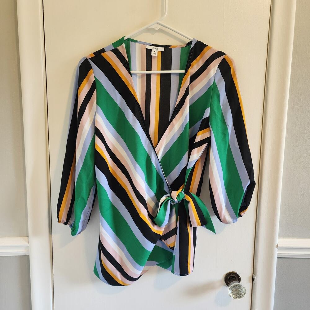 Bar III Women Size Medium Blouse Wrap V Neck Top Multicolor Stripe 3/4 Sleeve